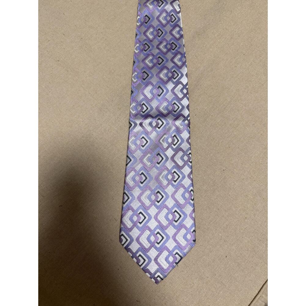 DeSantis Collection Necktie Mens Purple Silver Geometric 100% Silk Handmade